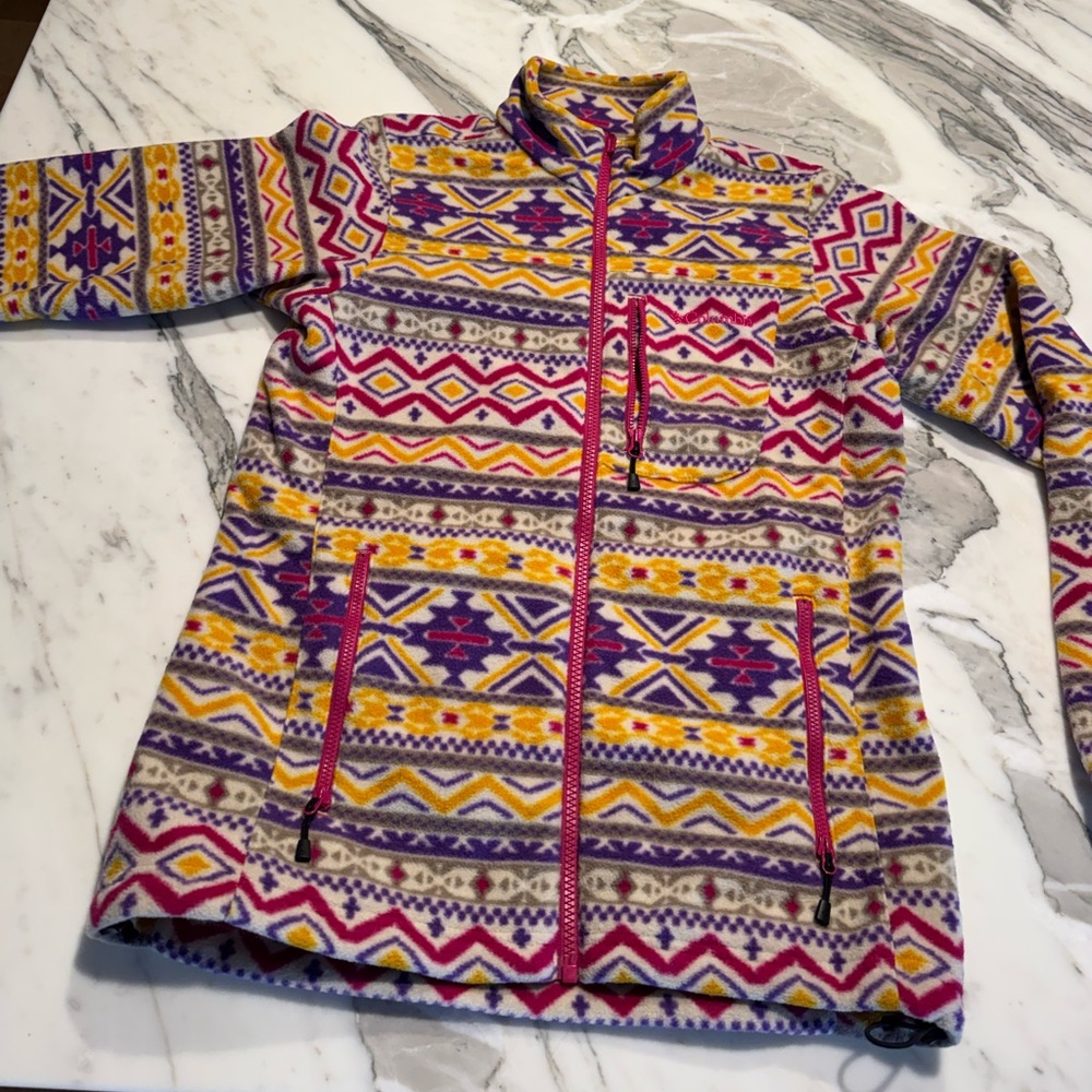 Columbia Colorful Aztec Print Fleece Jacket - Yellow, Purple, Pink Sz M